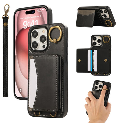 For iPhone 14 Pro PU Leather Back Case Card Holder Kickstand Phone Cover with Wrist Strap