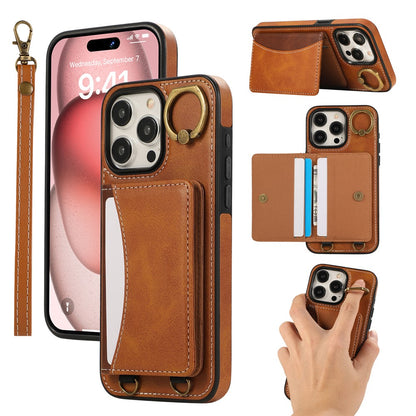 For iPhone 14 Pro PU Leather Back Case Card Holder Kickstand Phone Cover with Wrist Strap