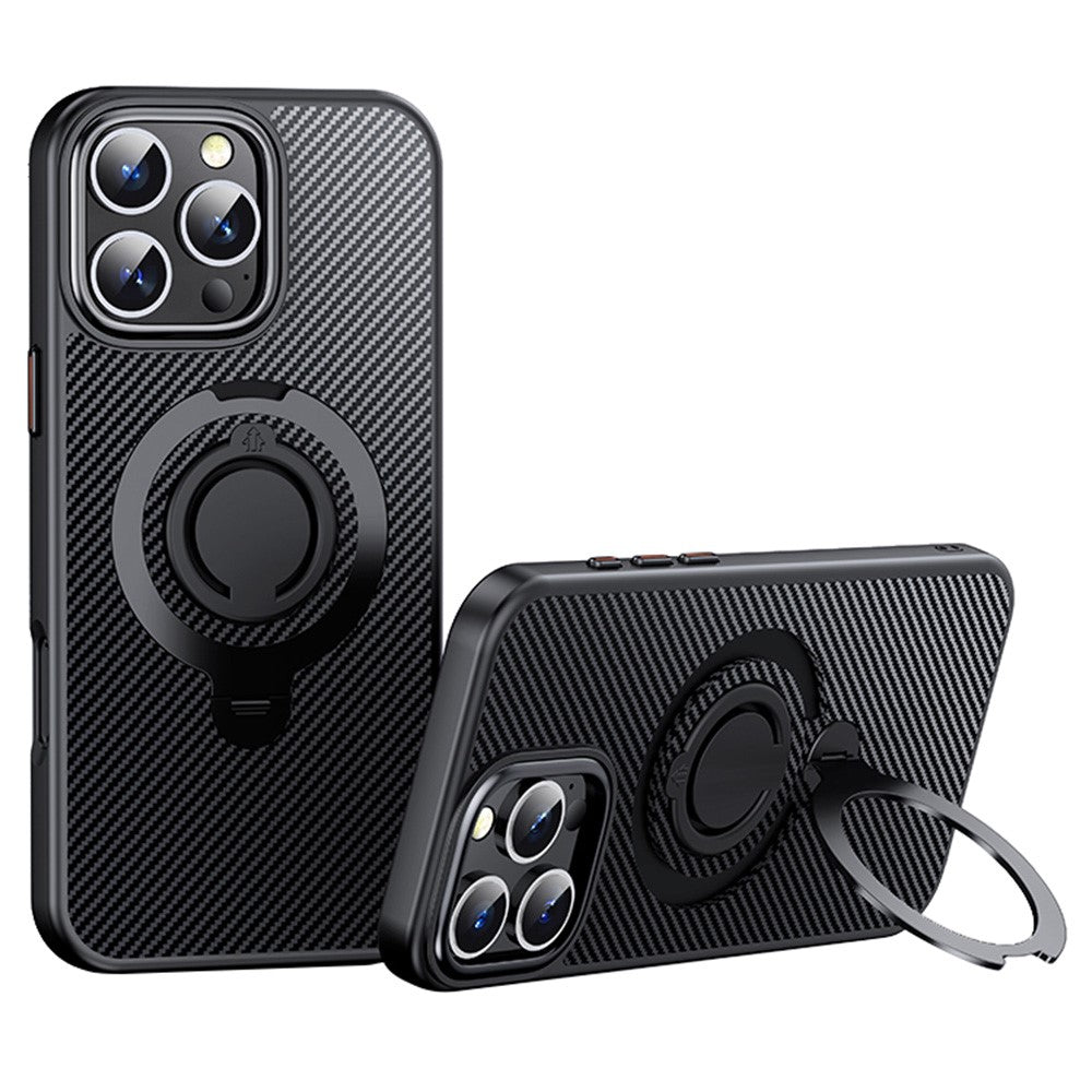 For iPhone 16 Pro Max Case Compatible with MagSafe Kickstand Carbon Fiber Texture PC+TPU Phone Cover with Silicone Ring