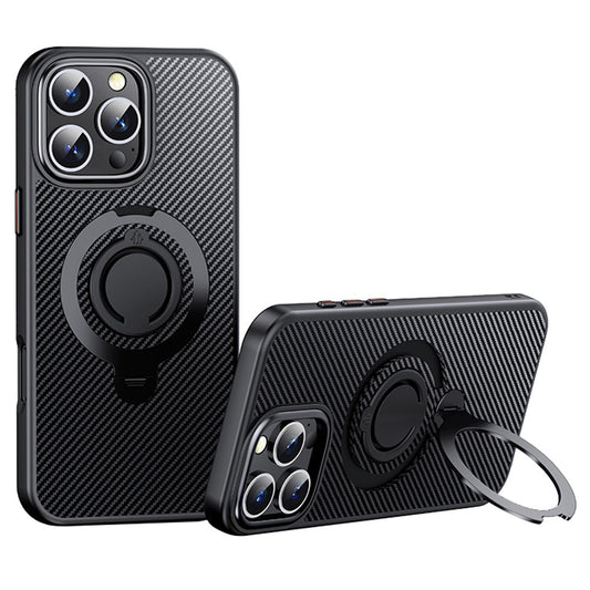 For iPhone 16 Pro Max Case Compatible with MagSafe Kickstand Carbon Fiber Texture PC+TPU Phone Cover with Silicone Ring