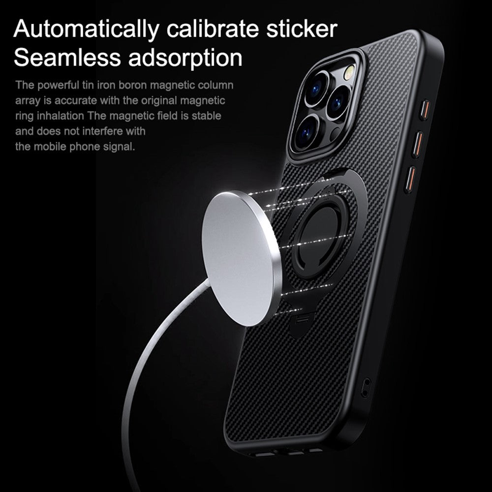 For iPhone 16 Pro Max Case Compatible with MagSafe Kickstand Carbon Fiber Texture PC+TPU Phone Cover with Silicone Ring