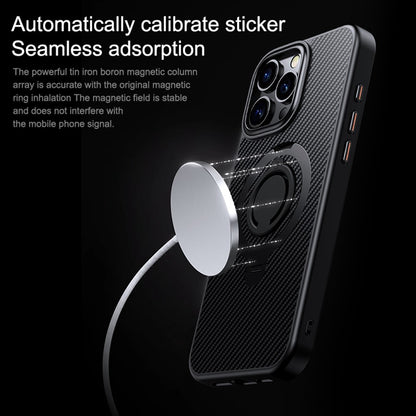 For iPhone 16 Pro Max Case Compatible with MagSafe Kickstand Carbon Fiber Texture PC+TPU Phone Cover with Silicone Ring
