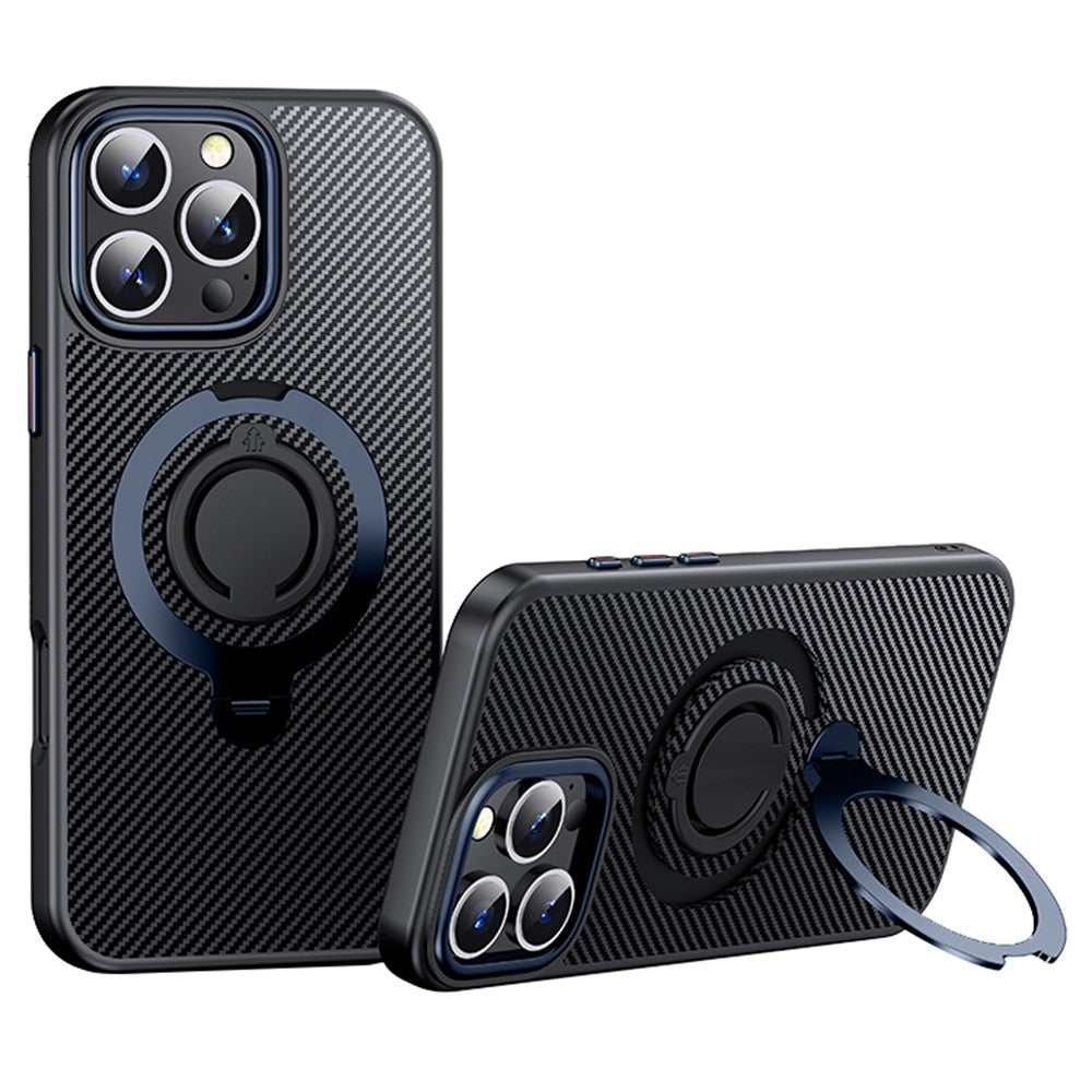 For iPhone 16 Pro Max Case Compatible with MagSafe Kickstand Carbon Fiber Texture PC+TPU Phone Cover with Silicone Ring