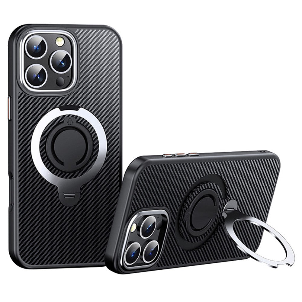 For iPhone 16 Pro Max Case Compatible with MagSafe Kickstand Carbon Fiber Texture PC+TPU Phone Cover with Silicone Ring
