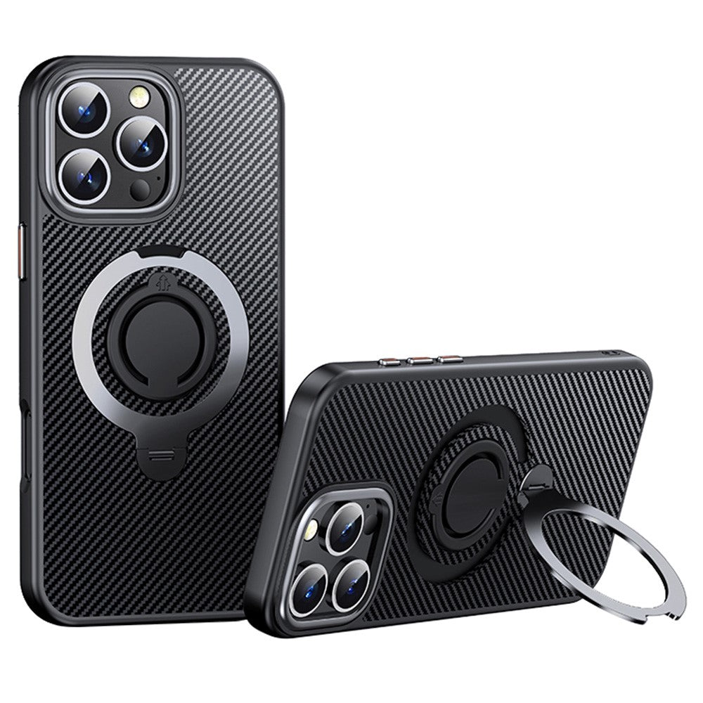 For iPhone 16 Pro Max Case Compatible with MagSafe Kickstand Carbon Fiber Texture PC+TPU Phone Cover with Silicone Ring