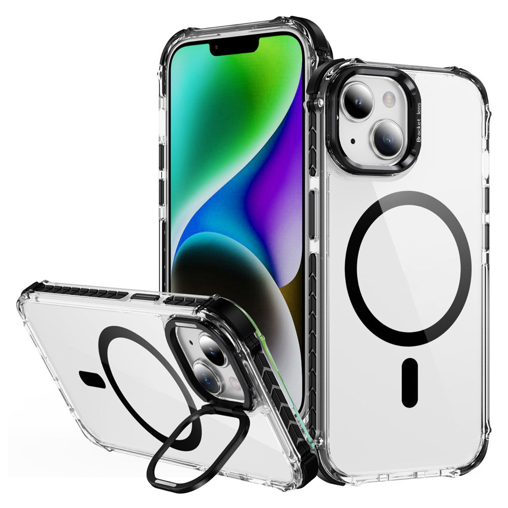 For iPhone 14 / 13 Clear Phone Case with Lens Kickstand Cover Compatible with MagSafe
