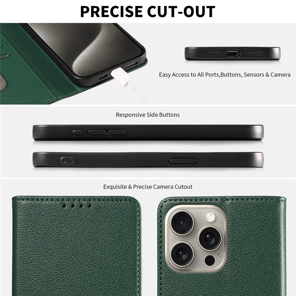 For iPhone 14 Pro Leather Case Litchi Texture RFID Blocking Wallet Stand Phone Cover