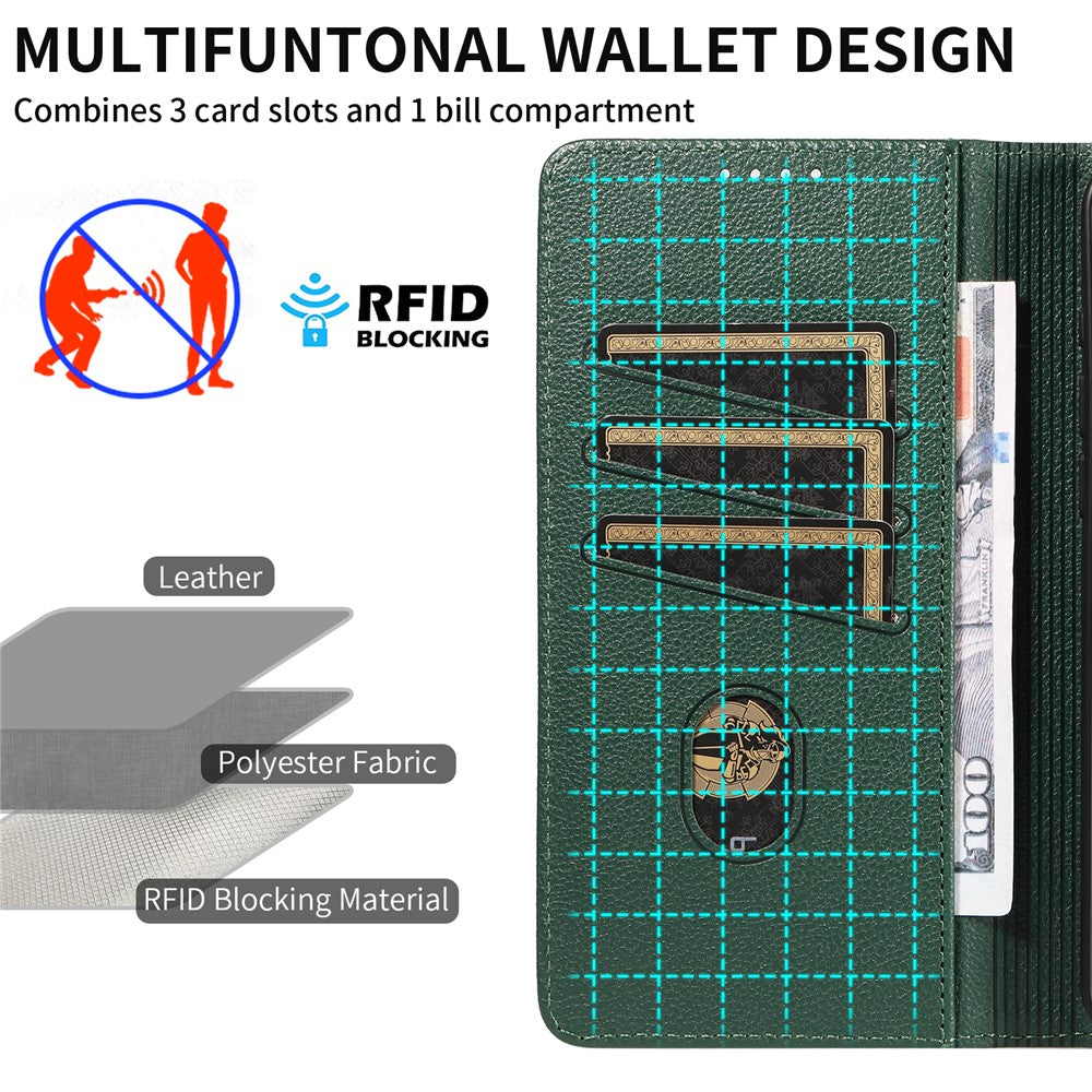 For iPhone 14 Pro Leather Case Litchi Texture RFID Blocking Wallet Stand Phone Cover