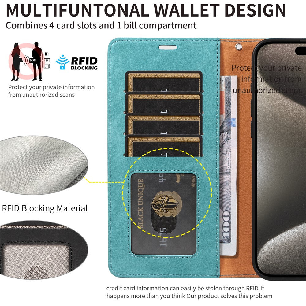 For iPhone 14 Pro Case RFID Blocking Wallet Stand Leather Flip Phone Cover with Slim Strap