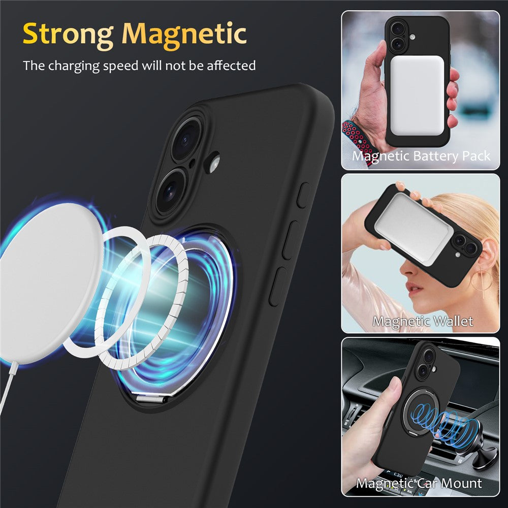 For iPhone 16 Case Compatible with MagSafe Rotating Metal Kickstand PC + Silicone Phone Cover