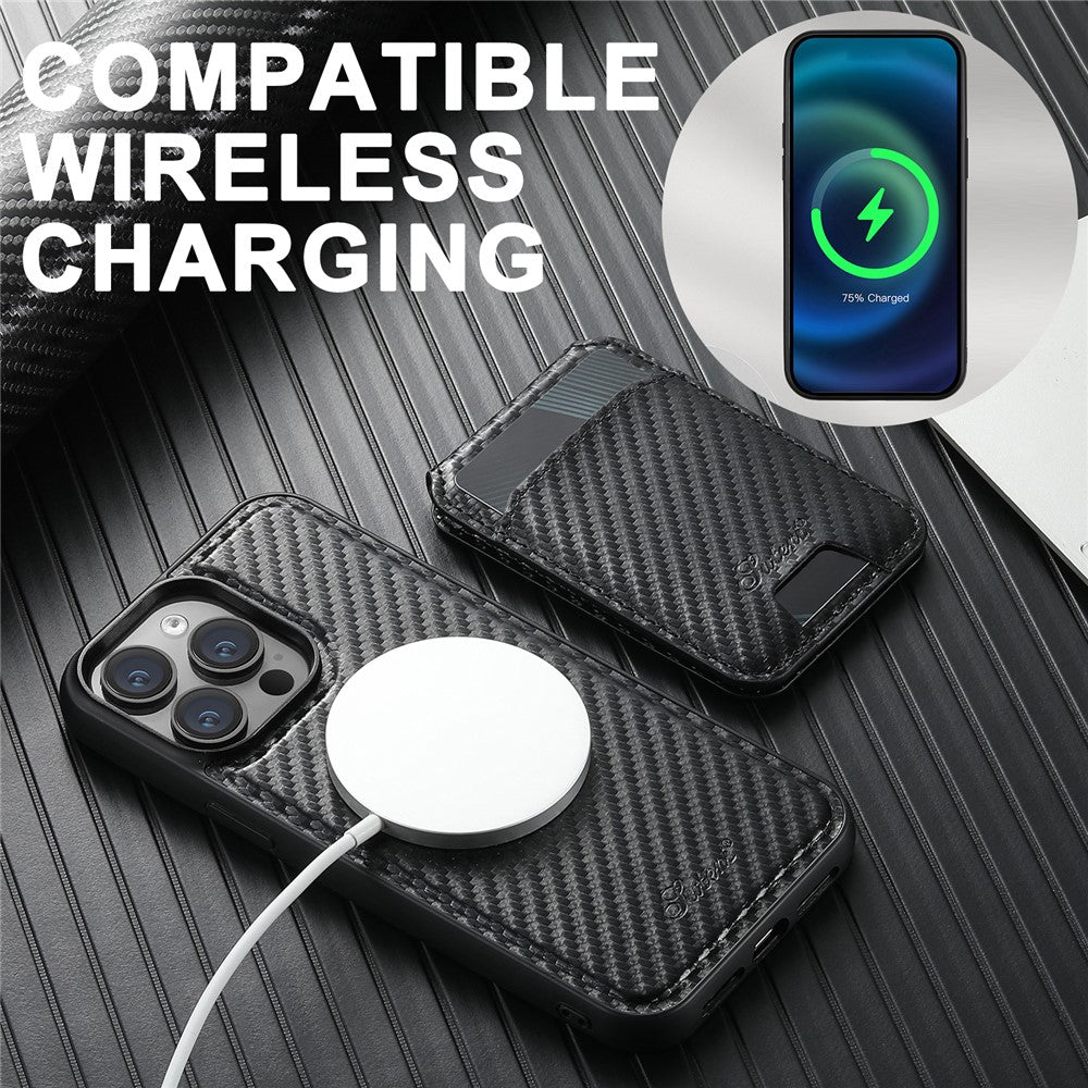 SUTENI H18 For iPhone 14 Pro Magnetic Case Carbon Fiber Texture Leather+TPU Cover with Detachable Card Bag