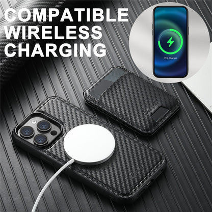 SUTENI H18 For iPhone 14 Pro Magnetic Case Carbon Fiber Texture Leather+TPU Cover with Detachable Card Bag