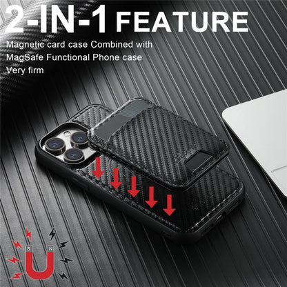 SUTENI H18 For iPhone 14 Pro Magnetic Case Carbon Fiber Texture Leather+TPU Cover with Detachable Card Bag