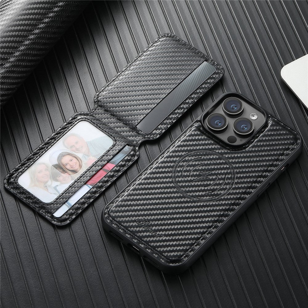 SUTENI H18 For iPhone 14 Pro Magnetic Case Carbon Fiber Texture Leather+TPU Cover with Detachable Card Bag