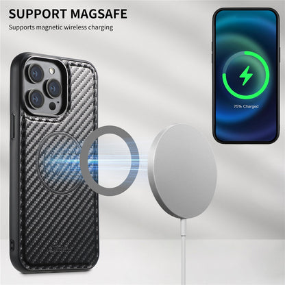 SUTENI H18 For iPhone 14 Pro Magnetic Case Carbon Fiber Texture Leather+TPU Cover with Detachable Card Bag