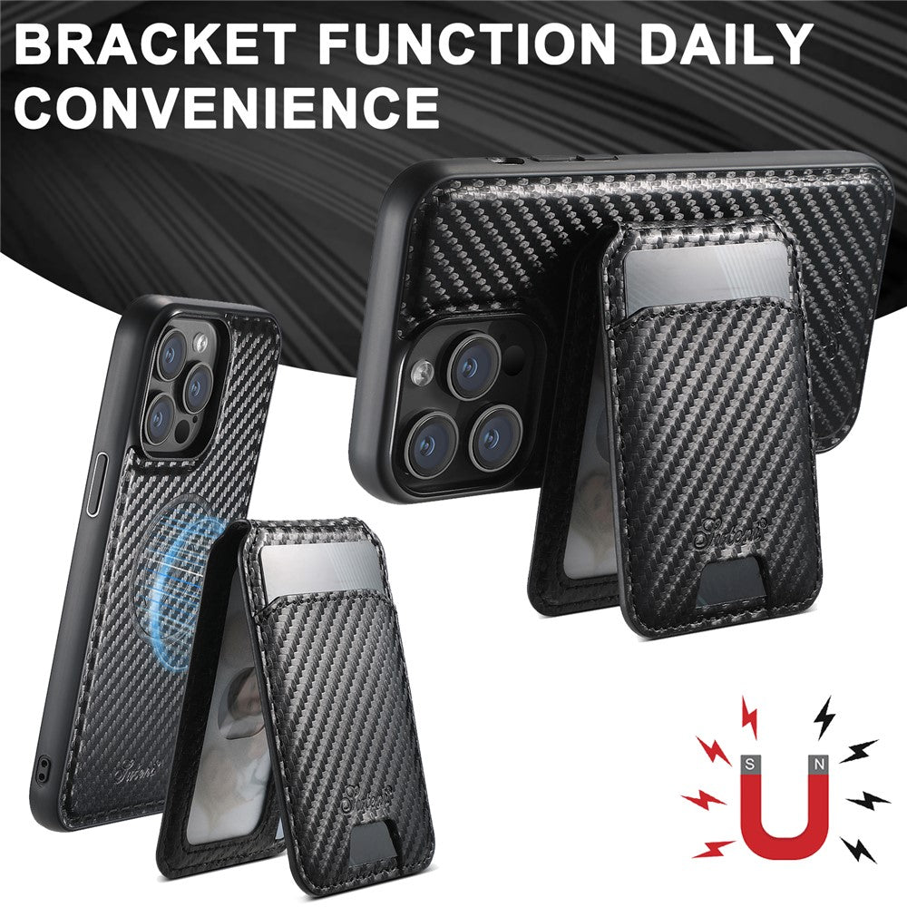 SUTENI H18 For iPhone 14 Pro Magnetic Case Carbon Fiber Texture Leather+TPU Cover with Detachable Card Bag