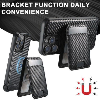 SUTENI H18 For iPhone 14 Pro Magnetic Case Carbon Fiber Texture Leather+TPU Cover with Detachable Card Bag