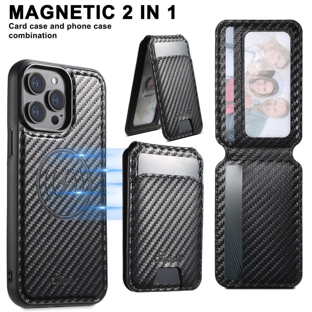 SUTENI H18 For iPhone 14 Pro Magnetic Case Carbon Fiber Texture Leather+TPU Cover with Detachable Card Bag