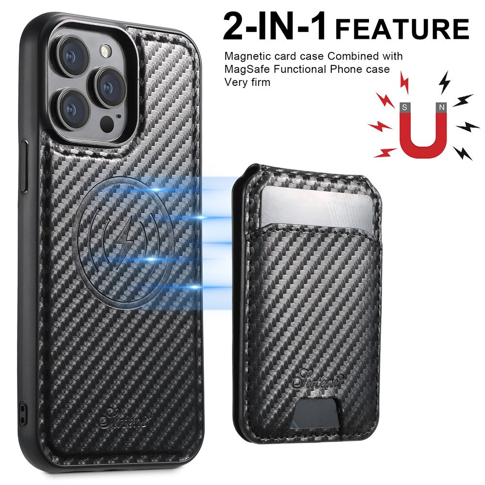 SUTENI H18 For iPhone 14 Pro Magnetic Case Carbon Fiber Texture Leather+TPU Cover with Detachable Card Bag