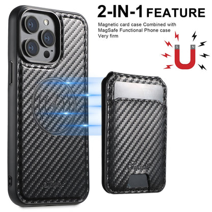 SUTENI H18 For iPhone 14 Pro Magnetic Case Carbon Fiber Texture Leather+TPU Cover with Detachable Card Bag