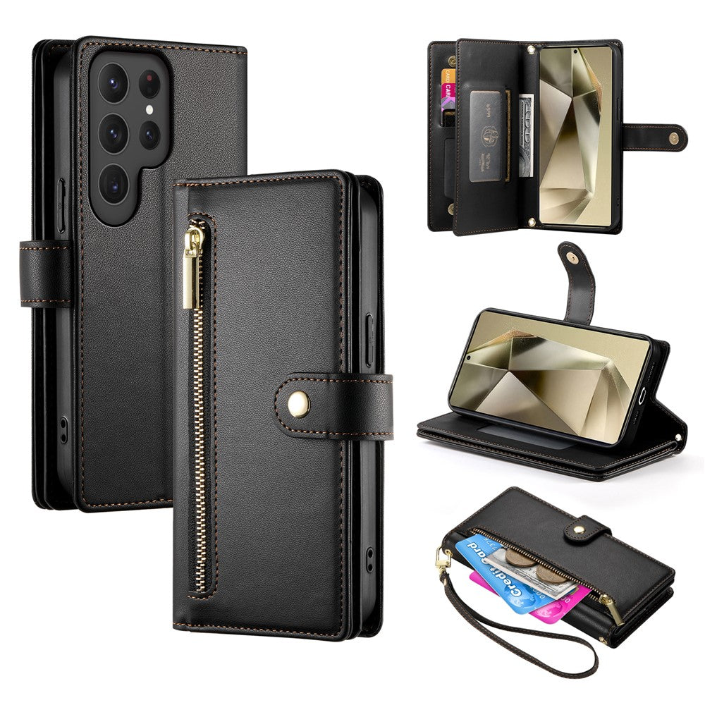 DF-011 For Samsung Galaxy S25 Ultra Case Zipper Pocket Wallet Leather Phone Cover with Straps
