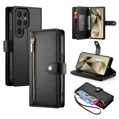 DF-011 For Samsung Galaxy S25 Ultra Case Zipper Pocket Wallet Leather Phone Cover with Straps