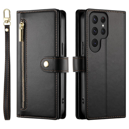 DF-011 For Samsung Galaxy S25 Ultra Case Zipper Pocket Wallet Leather Phone Cover with Straps