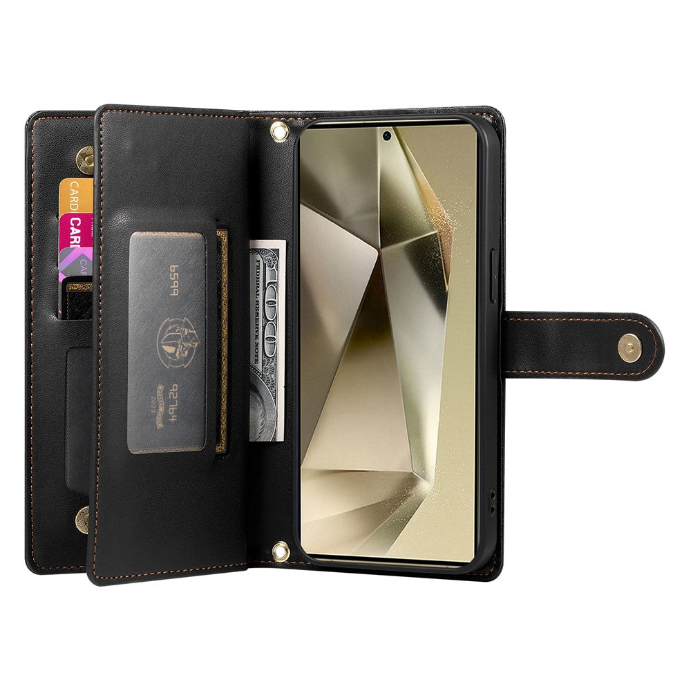 DF-011 For Samsung Galaxy S25 Ultra Case Zipper Pocket Wallet Leather Phone Cover with Straps