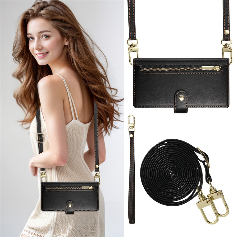 DF-011 For Samsung Galaxy S25 Ultra Case Zipper Pocket Wallet Leather Phone Cover with Straps