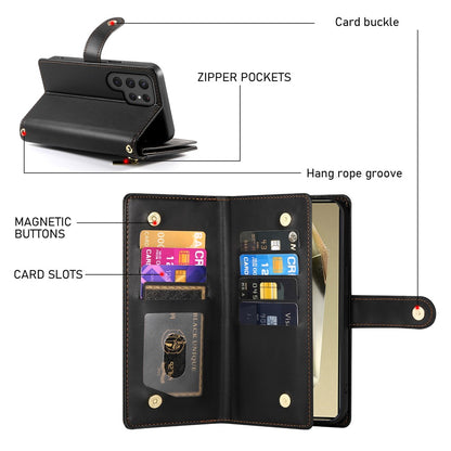 DF-011 For Samsung Galaxy S25 Ultra Case Zipper Pocket Wallet Leather Phone Cover with Straps