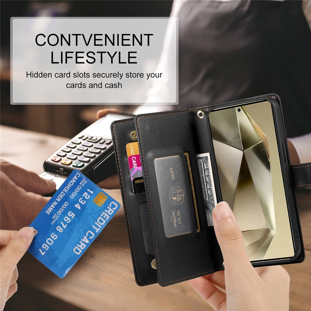 DF-011 For Samsung Galaxy S25 Ultra Case Zipper Pocket Wallet Leather Phone Cover with Straps