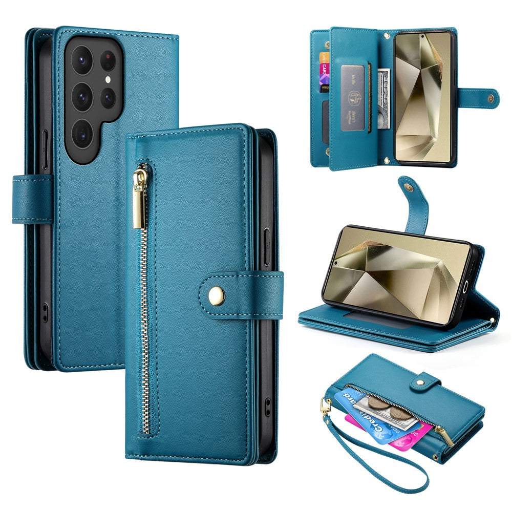 DF-011 For Samsung Galaxy S25 Ultra Case Zipper Pocket Wallet Leather Phone Cover with Straps