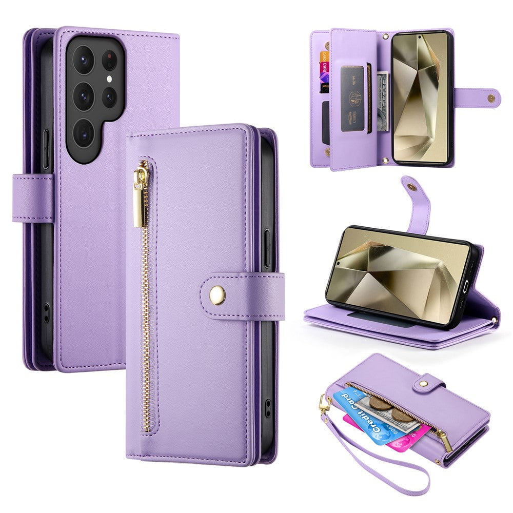 DF-011 For Samsung Galaxy S25 Ultra Case Zipper Pocket Wallet Leather Phone Cover with Straps