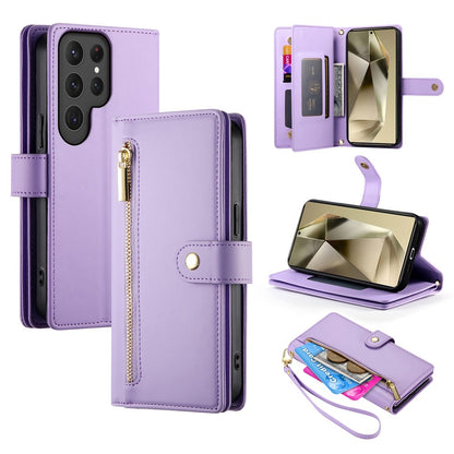 DF-011 For Samsung Galaxy S25 Ultra Case Zipper Pocket Wallet Leather Phone Cover with Straps