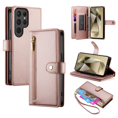 DF-011 For Samsung Galaxy S25 Ultra Case Zipper Pocket Wallet Leather Phone Cover with Straps