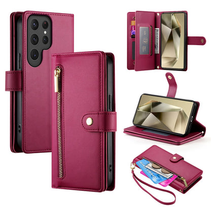 DF-011 For Samsung Galaxy S25 Ultra Case Zipper Pocket Wallet Leather Phone Cover with Straps