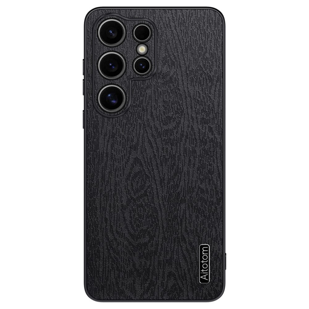 For Samsung Galaxy S25 Ultra Case Wood Texture PU Leather Coated PC+TPU Phone Cover