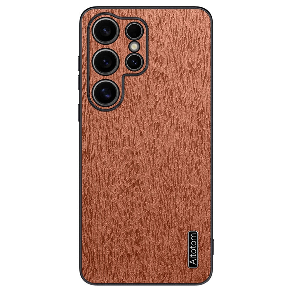 For Samsung Galaxy S25 Ultra Case Wood Texture PU Leather Coated PC+TPU Phone Cover