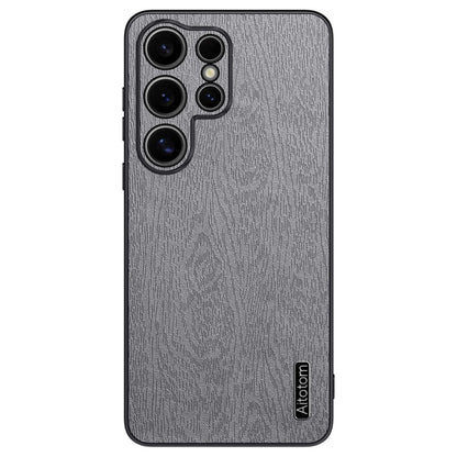 For Samsung Galaxy S25 Ultra Case Wood Texture PU Leather Coated PC+TPU Phone Cover