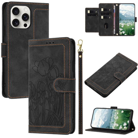 For iPhone 16 Pro Max Case Tulip Leather Phone Cover with 5 Card Slots Wallet