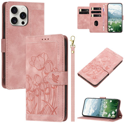 For iPhone 16 Pro Max Case Tulip Leather Phone Cover with 5 Card Slots Wallet