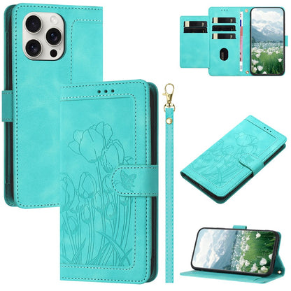 For iPhone 16 Pro Max Case Tulip Leather Phone Cover with 5 Card Slots Wallet