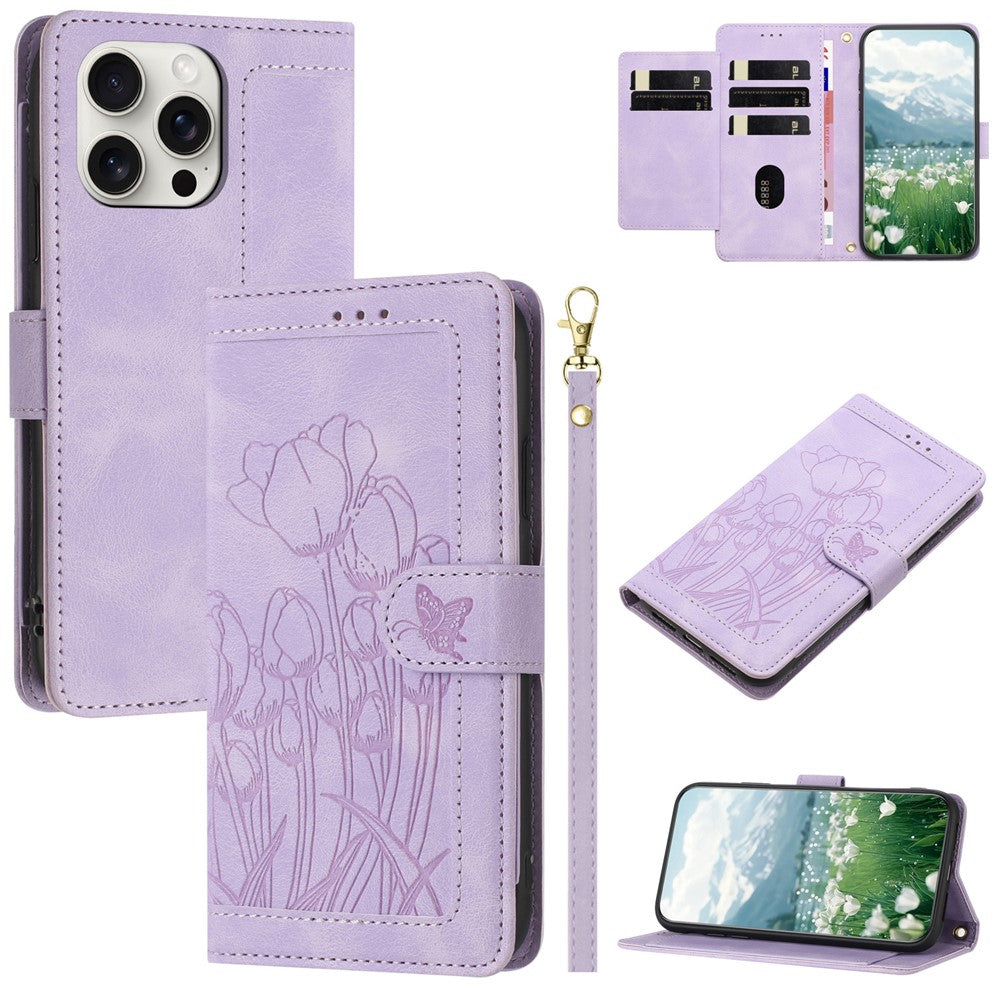 For iPhone 16 Pro Max Case Tulip Leather Phone Cover with 5 Card Slots Wallet