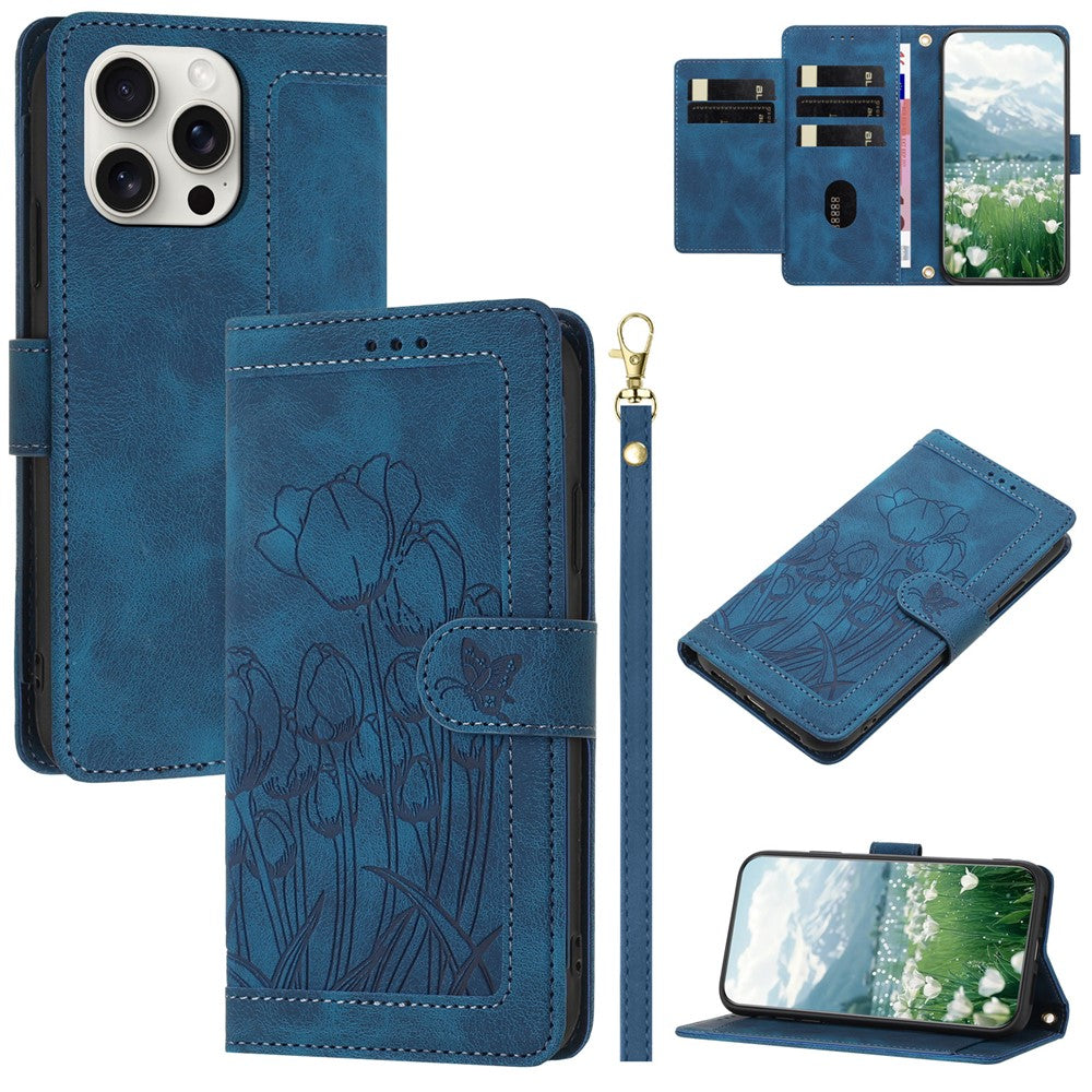 For iPhone 16 Pro Max Case Tulip Leather Phone Cover with 5 Card Slots Wallet
