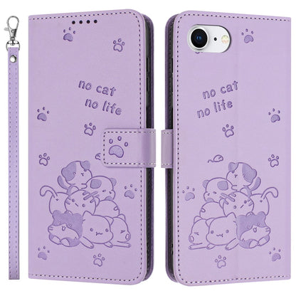 For iPhone 17e / 16e Case with Strap Cats Imprint Leather Wallet Phone Cover