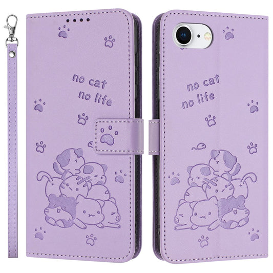 For iPhone 17e / 16e Case with Strap Cats Imprint Leather Wallet Phone Cover