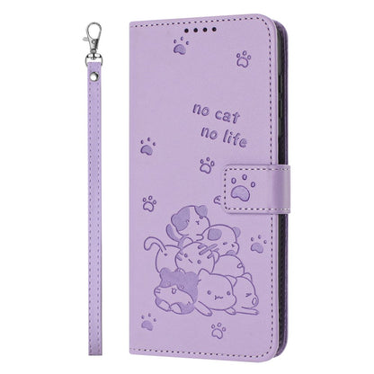 For iPhone 17e / 16e Case with Strap Cats Imprint Leather Wallet Phone Cover