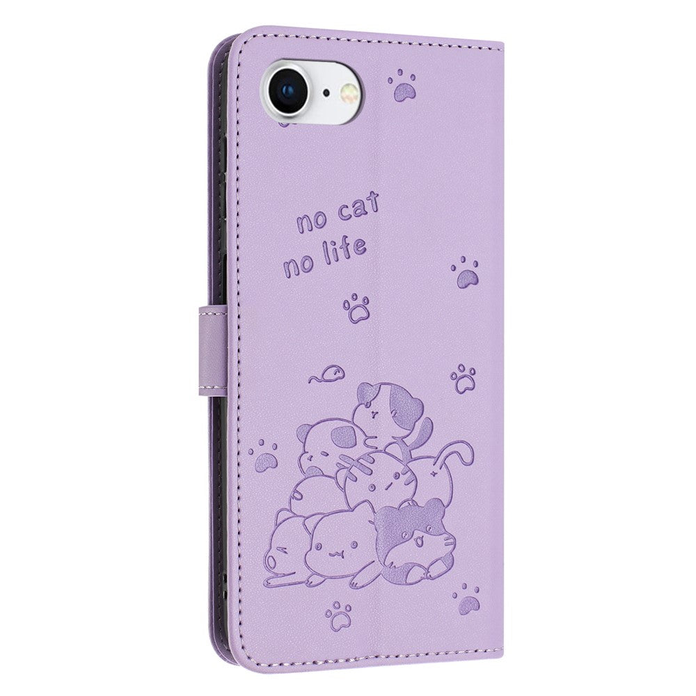 For iPhone 17e / 16e Case with Strap Cats Imprint Leather Wallet Phone Cover
