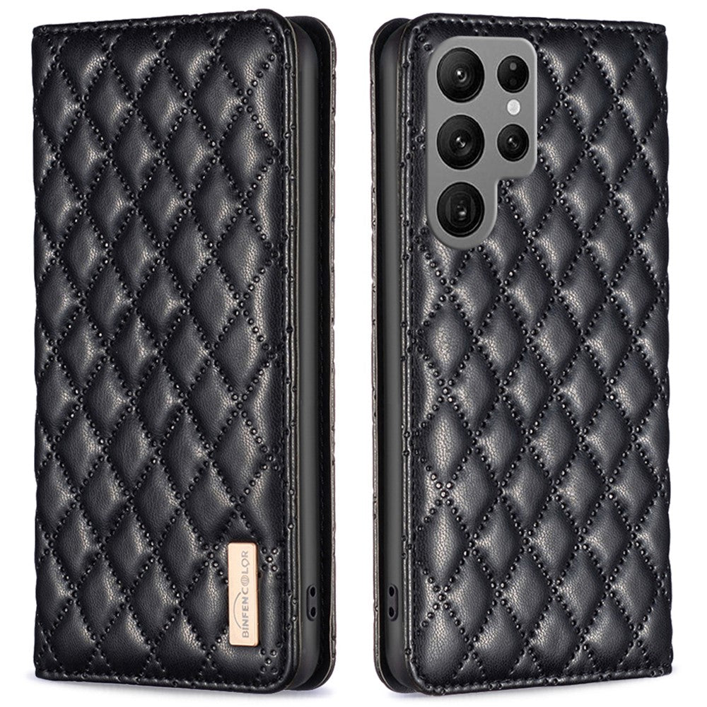 BINFEN COLOR BF Style-16 For Samsung Galaxy S25 Ultra Case Card Slots Rhombus Leather Cover