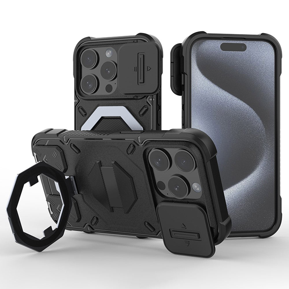 For iPhone 15 Pro Case Compatible with MagSafe Camera Lens Guard PC+TPU Kickstand Phone Cover with Lanyard